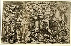 Contest of Athena and Poseidon,[32] c.1542/43 Etching after Rosso Fiorentino's design, probably for the Gallery of François, perhaps in stucco rather than paint, and no longer surviving, if it was ever executed.[33]
