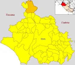 Trevinano (blue spot) within the municipality of Acquapendente (orange) and the province