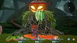 From a 3D third-person perspective, a three-person party led by a young man in sword and armour fight a plant-themed boss monster.