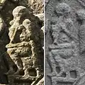 Circa 922 A.D., Ireland. Triple pipes from the head of Muiredach's High Cross (Monasterboice South Cross, East Face). Two images shown for detail.
