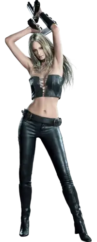 A blonde woman wearing skimpy clothes while wielding guns.