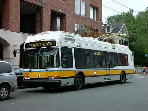 A Massachusetts Bay Transportation Authority Neoplan USA trolleybus in Greater Boston, 2004