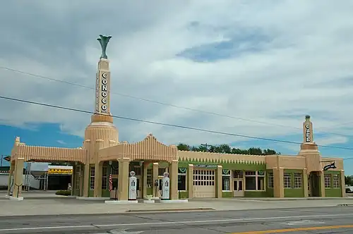 U-Drop Inn, a roadside gas station and diner on U.S. Highway 66 in Shamrock, Texas (1936), now a historical monument