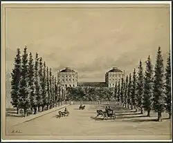 The Capitol from Pennsylvania Avenue drawn in 1814 from memory by an unknown artist after the burning of the city