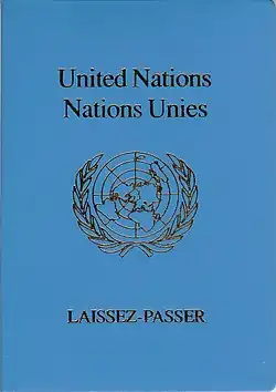 The front cover of a blue machine-readable United Nations laissez-passer