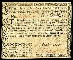 New Hampshire colonial currency, 1 dollar, 1780 (obverse)