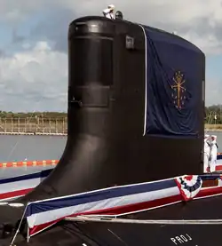 Large state flag at the commissioning ceremony for the USS Indiana submarine in Port Canaveral, Florida.