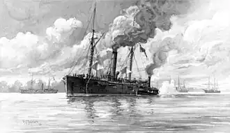 Black-and-white drawing of a 19th-century ship in calm waters. The ship has a mast forward and another aft, with a funnel between. Black smoke comes form the funnel. A small vessel is alongside the primary ship, and other ships are visible in the background