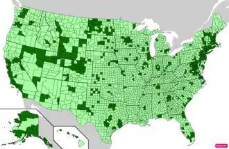 Counties in the United States by median nonfamily household income according to the U.S. Census Bureau American Community Survey 2013–2017 5-Year Estimates.[277] Counties with median nonfamily household incomes higher than the United States as a whole are in full green.