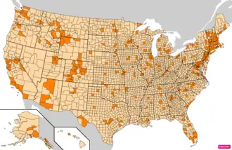 Counties in the United States by the percentage of the over 25-year-old population with bachelor's degrees according to the U.S. Census Bureau American Community Survey 2013–2017 5-Year Estimates.[276] Counties with higher percentages of bachelor's degrees than the United States as a whole are in full orange.