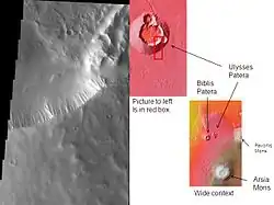 Ulysses Patera in Tharsis quadrangle, showing its location in relation to other volcanoes, as seen by THEMIS.