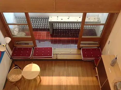 Salon and Terrace of an original unit of the Unité d'Habitation, now at the Cité de l'Architecture et du Patrimoine in Paris (1952)