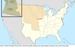 Map of the change to the United States in central North America on June 15, 1846