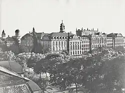 A monochrome photograph of the University of Frankfurt in Germany