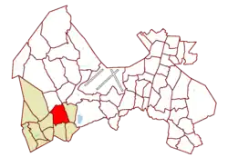 Location on the map of Vantaa, with the district in red and the Myyrmäki major region in light brown