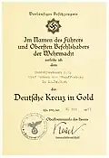 Award certificate: German Cross in Gold to Count Claus von Stauffenberg 8 May 1943
