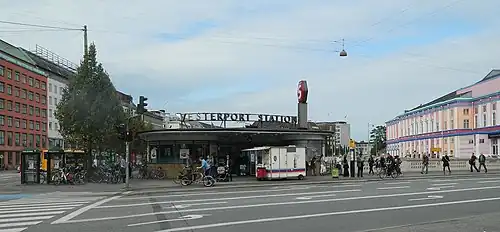 Vesterport S-train station has three entrances, this is the main one. The (mobile) little cart is a very typical Danish hot dog stand. Pølsevogn in Danish