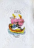 Two burning hearts, coloured pink, illustration on a Victorian-era Valentine's Day card