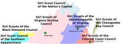 Map of Virginia with counties showing the different Girl Scout Councils