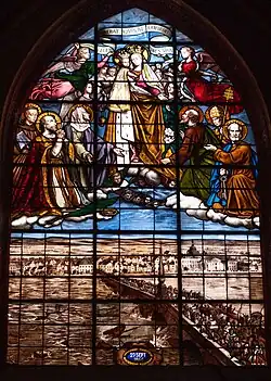 Stained glass window of the invocation to "Our Lady of Assistance" to save the suburb of Vienne from flooding in 1866