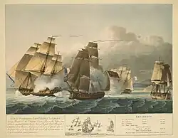 Minerve (1782) (centre) serving in the Royal Navy as HMS St Fiorenzo