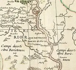 Ukraina and Kyovia on the 1613 Radziwiłł map, with the "steppe fields" on "this" and "that" side of the "Boristenus now Niepr river"