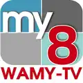 A rounded rectangle divided into blue and gray parts with the word "my" in white and a red sans-serif 8 in the lower right. Underneath is the text "WAMY-TV" in red.