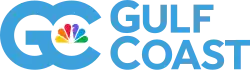 A stylized lockup of the letters GC in light blue with the NBC peacock placed in the open area in the middle of the C. To the right are the words "Gulf Coast" on two lines in a sans serif.