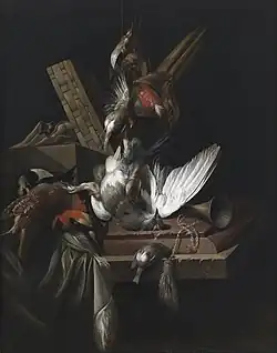 Still life with game birds and implements of the chase on a draped stone ledge