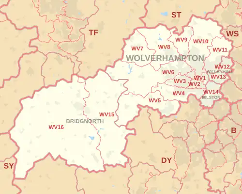 WV postcode area map, showing postcode districts, post towns and neighbouring postcode areas.
