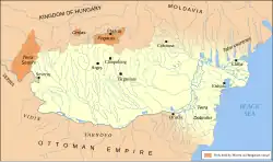 Map of Wallachia, Dobruja, and three fiefs in the Kingdom of Hungary