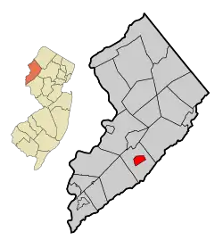 Location of Washington in Warren County highlighted in red (right). Inset map: Location of Warren County in New Jersey highlighted in orange (left).