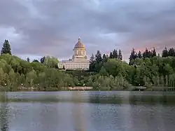 Washington State Capitol and Capitol Lake at sunset
