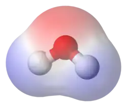 Electrical potential of the water molecule (red indicates the negative charge)