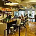 The kitchen area at the WeWork location on Broad Street in Manhattan