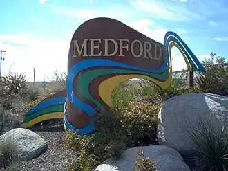 Welcome sign near the north end of Medford
