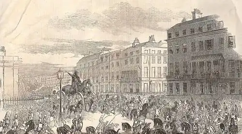 'The Grand Procession of the Wellington Statue, Turning Down Park Lane' The Illustrated London News 3 October 1846
