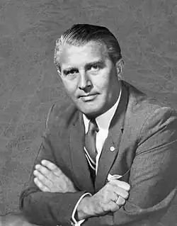 Wernher von Braun, who co-developed the V-2 rocket, the first artificial object to travel into space. Described by others as the "father of space travel",[92] the "father of rocket science",[93] or the "father of the American lunar program".[94]