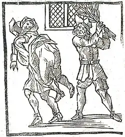 One man holds a woman up, with her skirts raised; a second man is about to thrash her with a branch
