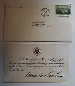 Photo of Presidential stationery and the envelope used to reply to a well-wisher of President Eisenhower during his hospital stay in Aurora. The stationery card has a facsimile signature of Mamie Eisenhower and was postmarked on November 6, 1955, in Denver Colorado. A three-cent commemorative of the White House paid the domestic rate to Franklin Square, NY.