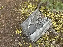 A piece of mangled airplane wreckage lies on rocky ground. It is metal, with parts crushed and torn, including two rusty exhaust pipes. In front of the wreckage is a stone with “T.T. #24” inscribed, a rosary, and a small religious card or photograph wrapped in plastic. Dry plants and rocks surround the scene.