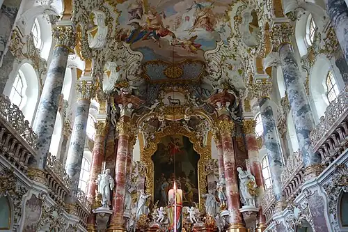 Rococo – Pilgrimage Church of Wies, Steingaden, Germany, by Dominikus and Johann Baptist Zimmermann, 1754[40]