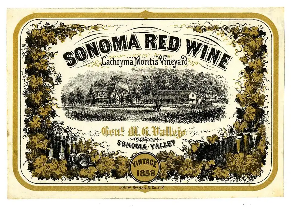 Wine label, Lachryma Montis Vineyard, Sonoma Red Wine 1858. California Historical Society archives.
