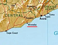 Winneba is located 55 km west of Accra and 140 km east of Cape Coast