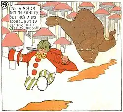 A color panel from a comic strip. A green-faced character in a colorful suit and top hat runs toward the bottom left corner from a four-legged, long-necked dinosaur which chases him. The green-faced character says: "I've a notion not to run! I'll bet he's a big boob! _But I'd better 'till I get to the beach."