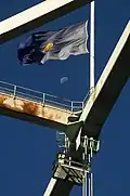The Oregon flag flying above Fremont Bridge in Portland.