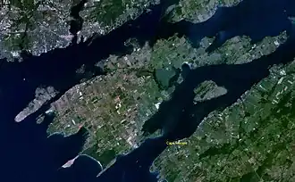 Satellite view of Frontenac Islands, with Wolfe Island being the largest