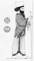 Sketch of Xerxes depicted wearing the pleated robe and a mitra - Persepolis