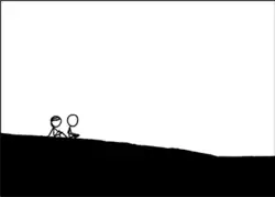 Two stick figures sit on a hill