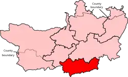 Map showing the location of the Yeovil constituency in Somerset under the boundaries created by the 2023 boundary review and first used at the 2024 general election.